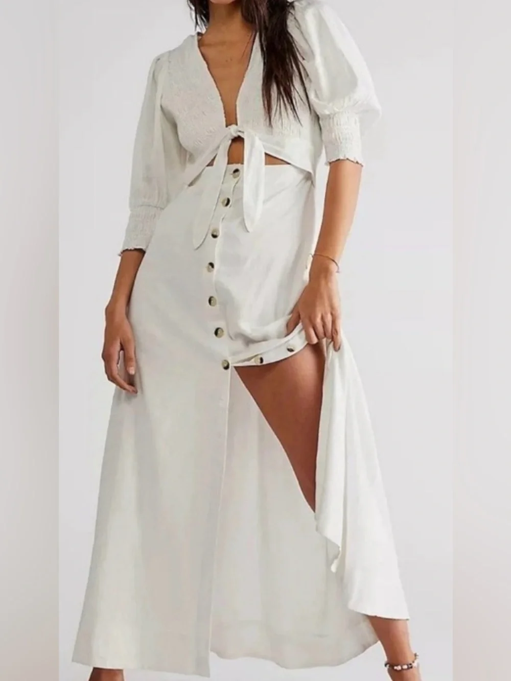 Free People White Button-Front High-Low Maxi Skirt - Picture 1 of 7